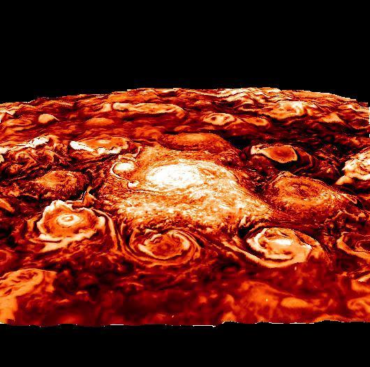 This computer-generated image is based on an infrared image of Jupiter's north polar region that was acquired on February 2, 2017, by the Jovian Infrared Auroral Mapper (JIRAM) instrument aboard Juno during the spacecraft's fourth pass over Jupiter.  The image shows the structure of the cyclonic pattern observed over Jupiter's North pole: a central cyclone surrounded by eight circumpolar cyclones with diameters ranging from 2,500 to 2,900 miles (4,000 to 4,600 kilometers) across.  JIRAM is able to collect images in the infrared wavelengths around 5 micrometers (µm) by measuring the intensity of the heat coming out of the planet. The heat from a planet that is radiated into space is called the radiance.  This image is an enhancement of the original JIRAM image. In order to give the picture a 3-D shape, the enhancement starts from the idea that where the radiance has its highest value, there are no clouds and JIRAM can see deeper into the atmosphere. Consequently, all the other areas of the image are originally shaded more or less by clouds of different thickness. Then, to create these pictures, the originals have been inverted to give the thicker clouds the whitish color and the third dimension as the clouds we normally see here in the Earth's atmosphere.  https://photojournal.jpl.nasa.gov/catalog/PIA22336