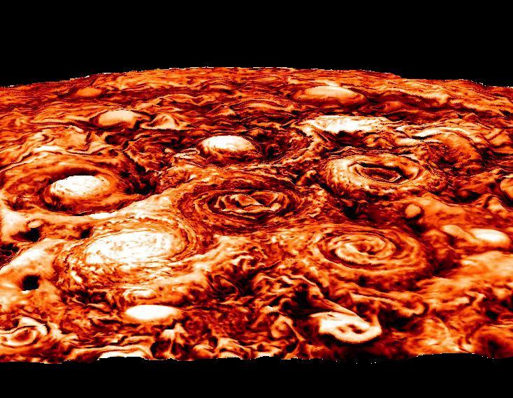 This computer-generated image shows the structure of the cyclonic pattern observed over Jupiter's south pole. Like in the North, Jupiter's south pole also contains a central cyclone, but it is surrounded by five cyclones with diameters ranging from 3,500 to 4,300 miles (5,600 to 7,000 kilometers) in diameter. Almost all the polar cyclones (at both poles), are so densely packed that their spiral arms come in contact with adjacent cyclones. However, as tightly spaced as the cyclones are, they have remained distinct, with individual morphologies over the seven months of observations detailed in the paper.  The data used in generating this image was collected by the Jovian Infrared Auroral Mapper (JIRAM) instrument aboard the Juno spacecraft during the fourth Juno pass over Jupiter on Feb. 2, 2017.  JIRAM is able to collect images in the infrared wavelengths around 5 micrometers (µm) by measuring the intensity of the heat coming out of the planet. The heat from the planet is radiated to space and it is called radiance. This image is an enhancement of the original JIRAM image. In order to give the picture a 3-D shape, the enhancement starts from the idea that the radiance has its highest value where there are no clouds and JIRAM can see deeper into the atmosphere. Consequently, all the other areas of the image are originally shaded more or less by clouds of different thickness. Then, to create these pictures, the originals have been inverted to give the thicker clouds the whitish color and the third dimension that we see with normal clouds here in the Earth's atmosphere.  https://photojournal.jpl.nasa.gov/catalog/PIA22337