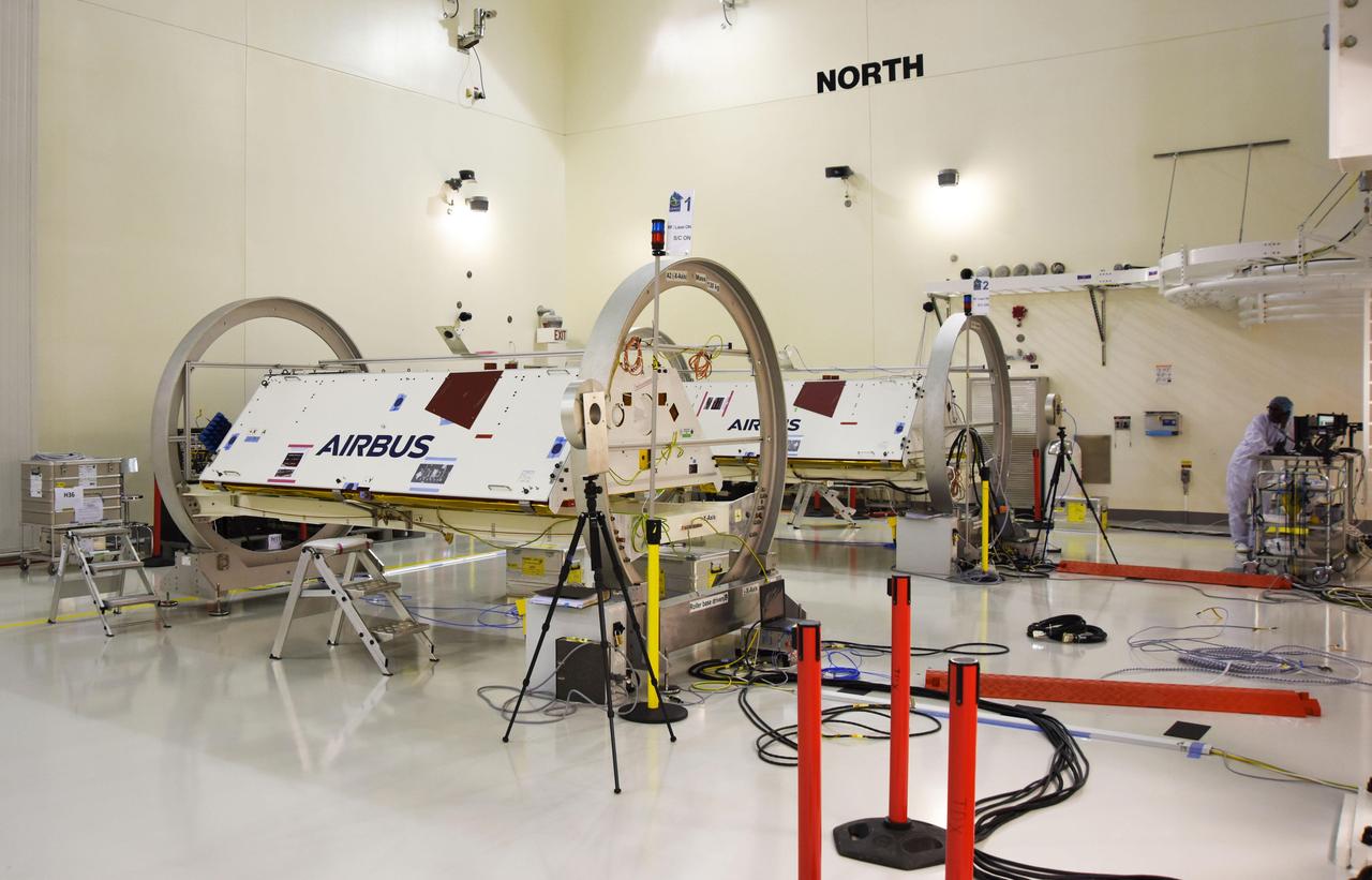 The Gravity Recovery and Climate Experiment Follow-On (GRACE-FO) twin satellites, attached to turntable fixtures, at the Astrotech Space Operations processing facility at Vandenberg Air Force Base, California. GRACE-FO will extend GRACE's legacy of scientific achievements, which range from tracking mass changes of Earth's polar ice sheets and estimating global groundwater changes, to measuring the mass changes of large earthquakes and inferring changes in deep ocean currents, a driving force in climate. To date, GRACE observations have been used in more than 4,300 research publications. Its measurements provide a unique view of the Earth system and have far-reaching benefits to society, such as providing insights into where global groundwater resources may be shrinking or growing and where dry soils are contributing to drought. GRACE-FO is planned to fly at least five years. https://photojournal.jpl.nasa.gov/catalog/PIA22338