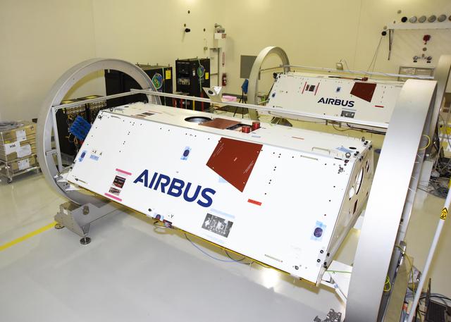 NASA image: GRACE-FO Satellites in a Clean Room at Vandenberg Air Force Base