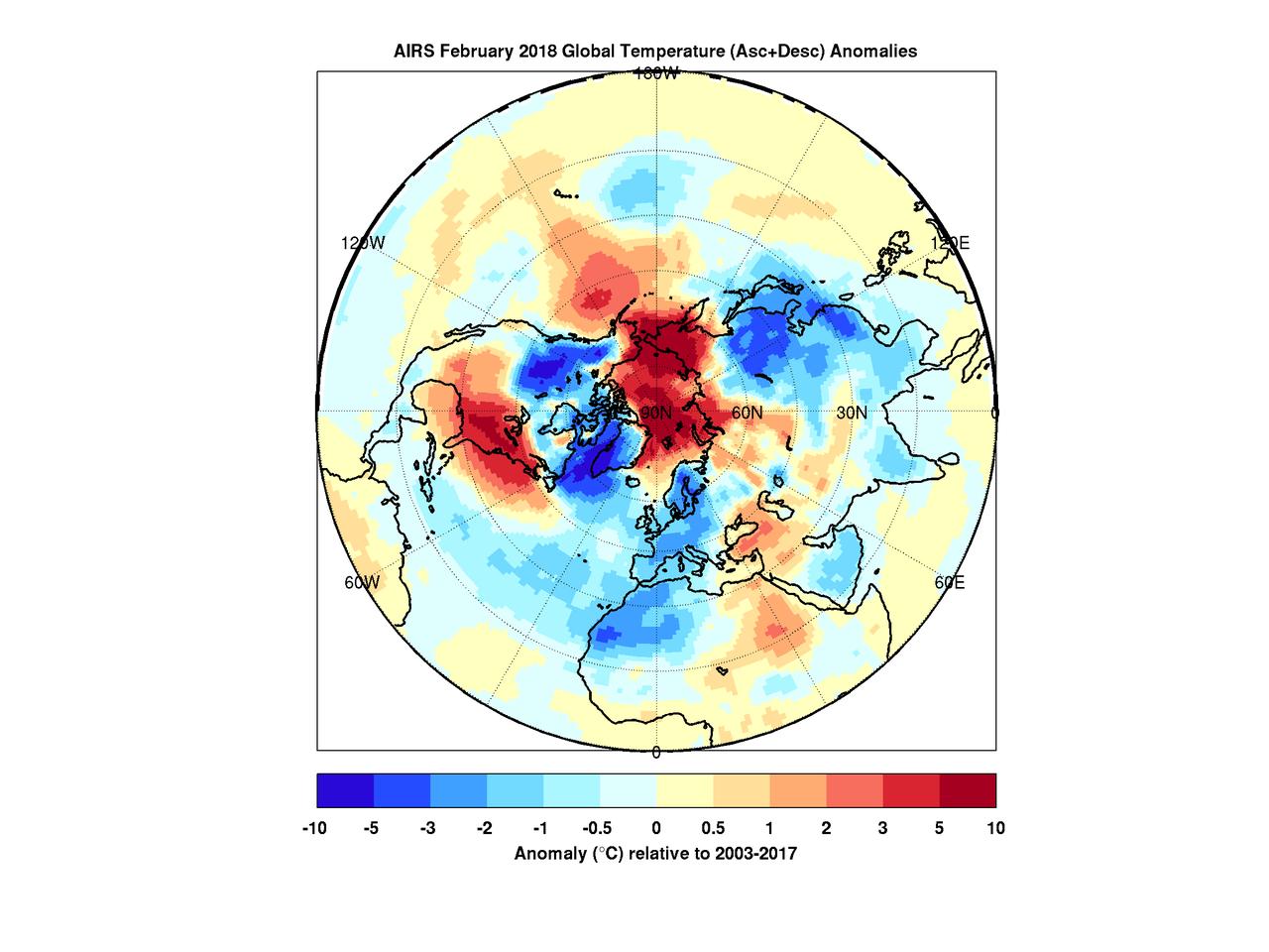 When the polar vortex dips south it often makes headlines. Frigid air, usually confined to the arctic, spills into lower parts of the continent making it a chilly challenge for people going about their day.  But there's a warm part to the story as well. While the eastern and southern United States were shivering in January the arctic was experiencing above average temperatures. In maps created with data by the Atmospheric Infrared Sounder (AIRS) on NASA's Aqua satellite, warmer-than-normal temperatures are colored in red and below average temperatures are colored in blue.  Provided in geographic and polar projections, the maps show regions of unusually cold air hovering over the eastern and southern U.S., eastern Canada and Greenland in January. February shows colder-than-normal air blanketing the northwest U.S., Canada, Western Europe, northwest Africa and East Asia. In both cases, the arctic remains exceptionally warm.  During most winters the polar vortex is like a giant counterclockwise whirlpool spinning around the north pole with cold air at its center. Occasionally the vortex splits and its parts move south, usually over the continents. At the same time, warm air from the south moves in to fill the gap, and that northward movement usually occurs over the oceans. The cold air movement gets the most attention because it typically affects many millions of people. However, that cooling is very often accompanied by warming somewhere over the Arctic -- an equally important part of the polar vortex story that usually goes unnoticed but is very apparent in the images shown here.  More images are available at https://photojournal.jpl.nasa.gov/catalog/PIA22344
