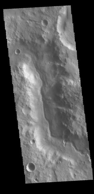 Today's VIS image is located along the northern margin of Terra Sirenum. This unnamed channel contains a small channel within a larger channel. This would indicate two separate channel forming events. The inner one has eroded into the center of the larger channel, and was therefore created after the larger channel.  Orbit Number: 70337 Latitude: -8.01257 Longitude: 192.647 Instrument: VIS Captured: 2017-10-22 15:35  https://photojournal.jpl.nasa.gov/catalog/PIA22364