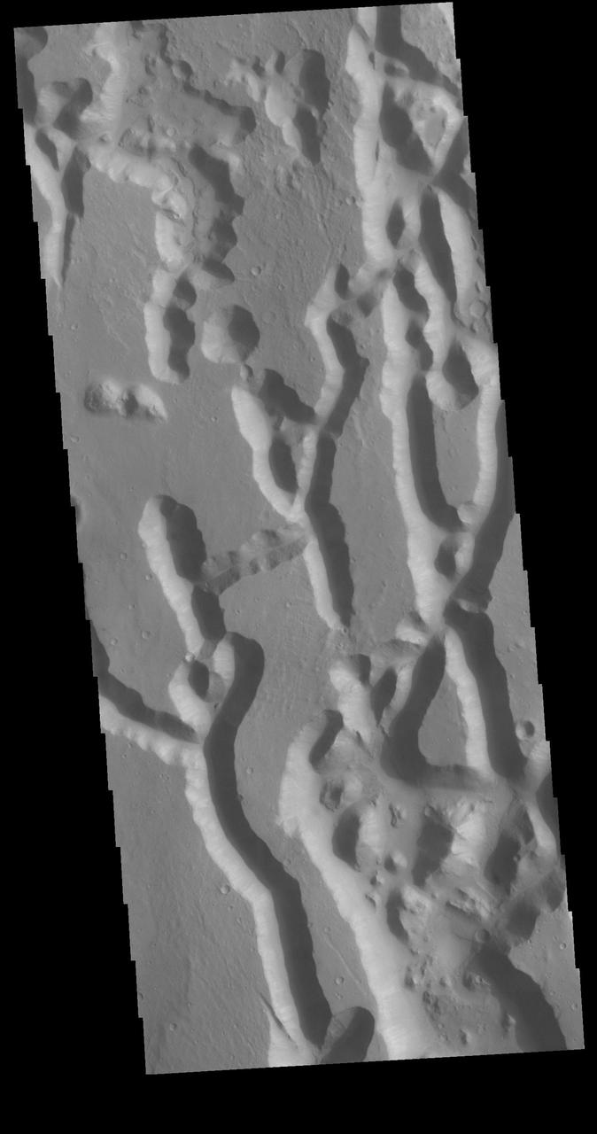 In planetary nomenclature, the descriptor term chaos means "distinctive area of broken terrain". The general morphology of chaos is steep-sided mesas in close proximity. This VIS image shows a region of Chryse Chaos where the isolated mesas are beginning to be formed. The interconnected channel forms erode, and mesas are created by erosion of the bounding channels. The bottom of the image shows some of the resultant mesas. Orbit Number: 71455 Latitude: 13.1491 Longitude: 318.592 Instrument: VIS Captured: 2018-01-22 18:16 https://photojournal.jpl.nasa.gov/catalog/PIA22395
