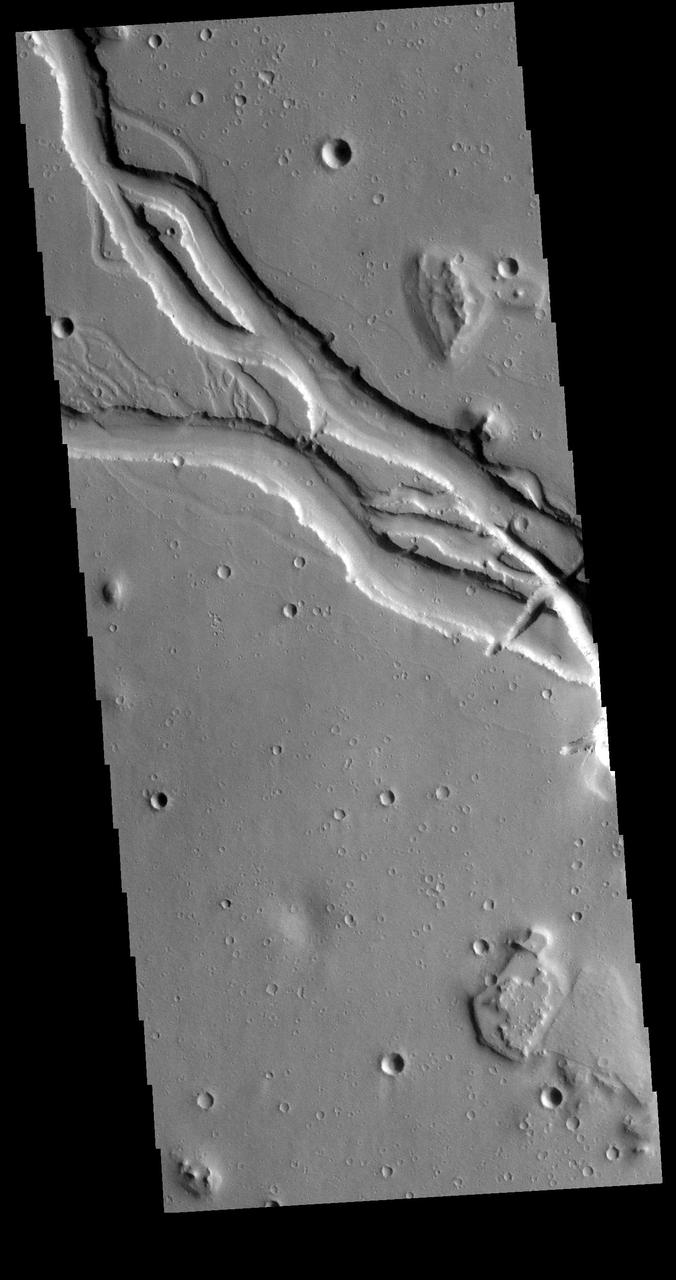 Located west of the Elysium Volcanic complex, Hebrus Valles is a complex channel system that flowed to the north. In this VIS image the channel features have the appearance of a channel formed by liquid flow. In other portions of the valles, there are pits and collapse features which appear to have formed by material falling into subsurface voids. This is a common feature in regions of volcanic activity where lava tubes run below the surface. Both water and lava probably contributed to the formation of Hebrus Valles. Orbit Number: 71499 Latitude: 17.8884 Longitude: 127.923 Instrument: VIS Captured: 2018-01-26 09:17 https://photojournal.jpl.nasa.gov/catalog/PIA22398