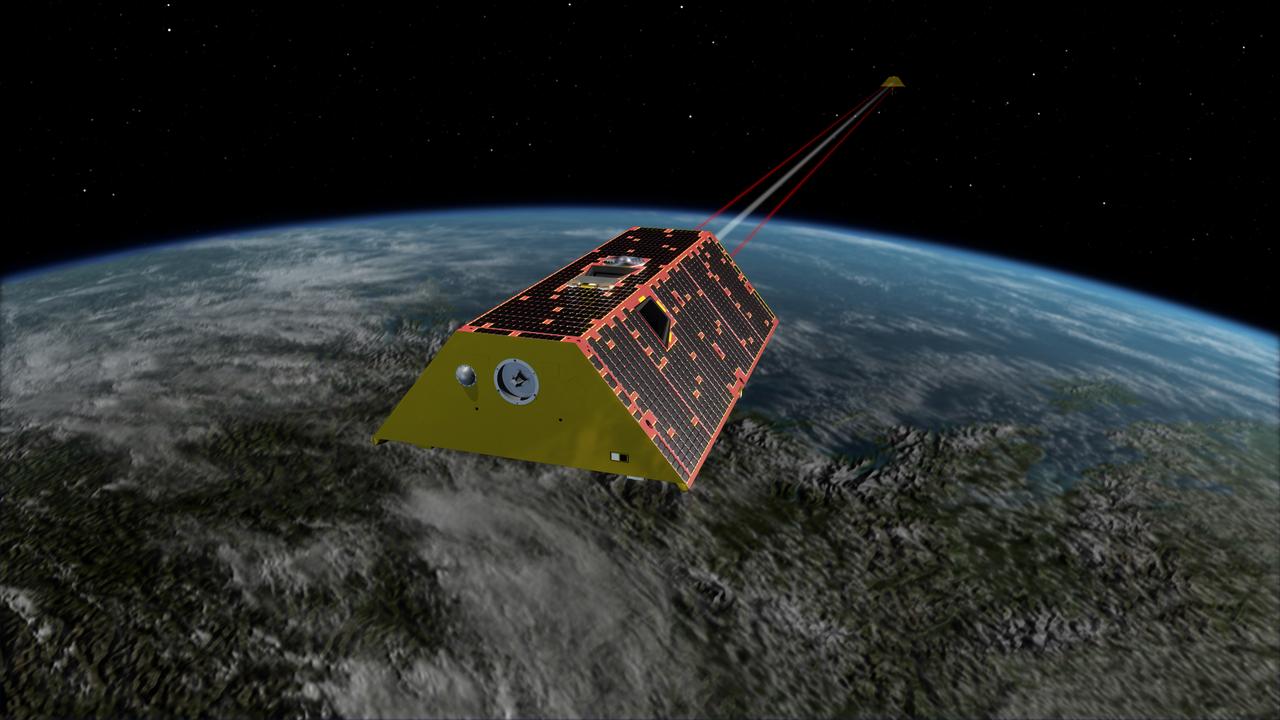 Artist's rendering of the twin spacecraft of the Gravity Recovery and Climate Experiment Follow-On (GRACE-FO) mission, scheduled to launch in May, 2018. GRACE-FO will track the evolution of Earth's water cycle by monitoring changes in the distribution of mass on Earth.  https://photojournal.jpl.nasa.gov/catalog/PIA22431