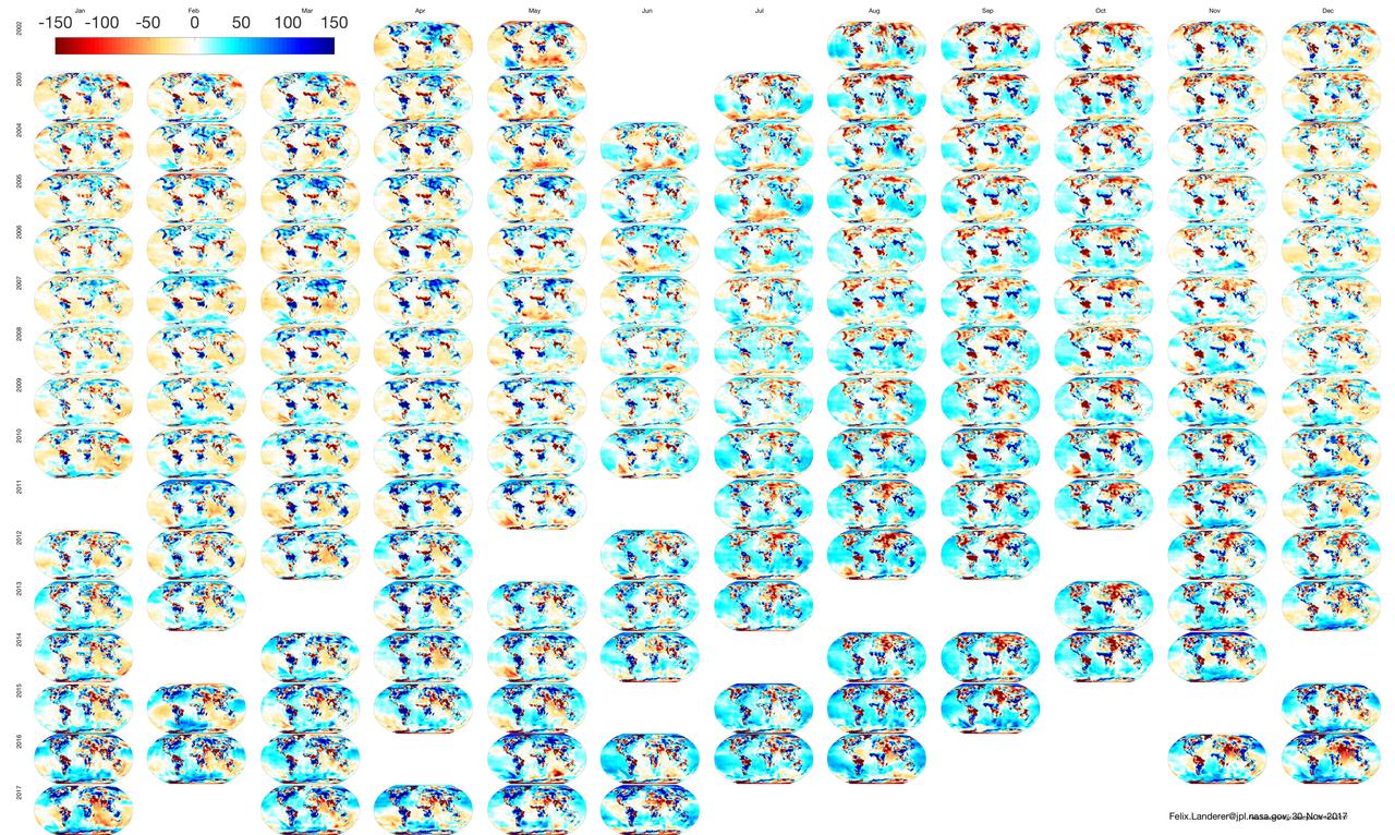 NASA's GRACE mission produced maps of anomalies in Earth's gravity field almost every month from April 2002 to June 2017.  https://photojournal.jpl.nasa.gov/catalog/PIA22448