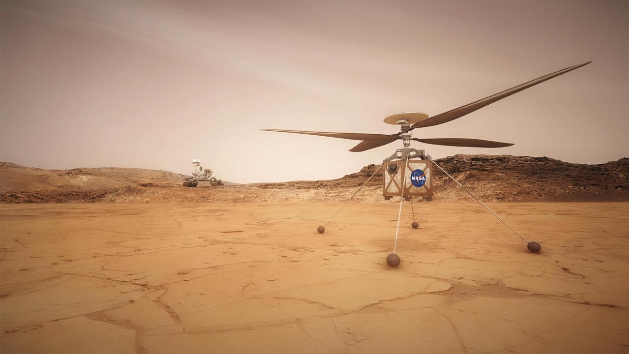 This artist concept shows the Mars Helicopter, a small, autonomous rotorcraft, which will travel with NASA's Mars 2020 rover mission, currently scheduled to launch in July 2020, to demonstrate the viability and potential of heavier-than-air vehicles on the Red Planet.  https://photojournal.jpl.nasa.gov/catalog/PIA22460