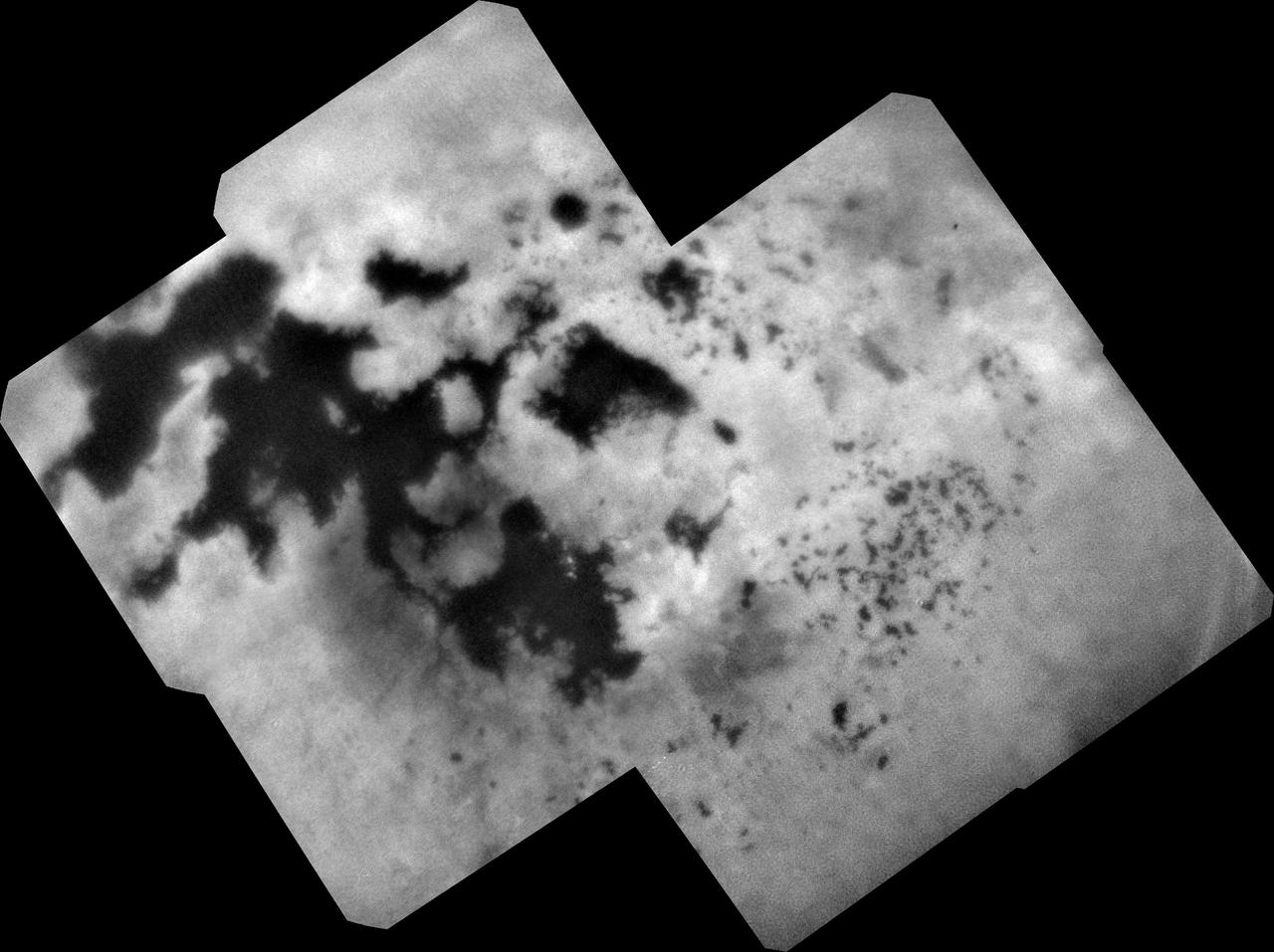 During NASA's Cassini mission's final distant encounter with Saturn's giant moon Titan, the spacecraft captured this view of the enigmatic moon's north polar landscape of lakes and seas, which are filled with liquid methane and ethane. Punga Mare (240 miles, or 390 kilometers, across) is seen just above the center of the mosaic, with Ligeia Mare (300 miles, or 500 kilometers, wide) below center and vast Kraken Mare stretching off 730 miles (1,200 kilometers) to the left of the mosaic. Titan's numerous smaller lakes can be seen around the seas and scattered around the right side of the mosaic. Among the ongoing mysteries about Titan is how these lakes are formed. Another mystery at Titan has been the weather. With its dense atmosphere, Titan has a methane cycle much like Earth's water cycle of evaporation, cloud formation, rainfall, surface runoff into rivers, and collection in lakes and seas. During Titan's southern summer, Cassini observed cloud activity over the south pole (see PIA06112 and PIA06109). However, typical of observations taken during northern spring and summer, the view here reveals only a few small clouds. They appear as bright features just below the center of the mosaic, including a few above Ligeia Mare. The images in this mosaic were taken with the ISS narrow-angle camera, using a spectral filter sensitive to wavelengths of near-infrared light centered at 938 nanometers. They were captured on Sept. 11, 2017, during Cassini's last encounter with Titan. Four days later, Cassini was deliberately plunged into the atmosphere of Saturn. The view was obtained at a distance of approximately 87,000 miles (140,000 kilometers) from Titan. Image scale is about 0.5 miles (800 meters) per pixel. The image is an orthographic projection centered on 67.19 degrees north latitude, 212.67 degrees west longitude. An orthographic view is most like the view seen by a distant observer looking through a telescope. The Cassini spacecraft ended its mission on Sept. 15, 2017. https://photojournal.jpl.nasa.gov/catalog/PIA22481