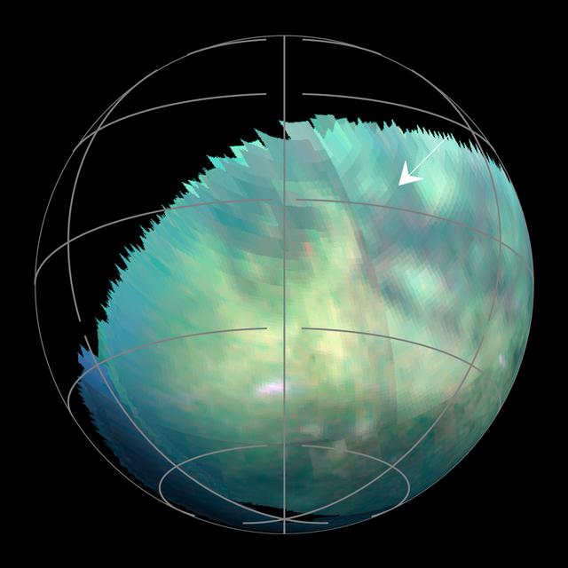 This frame from an animation -- based on images captured by the Visual and Infrared Mapping Spectrometer on NASA's Cassini mission during several Titan flybys in 2009 and 2010 -- shows clear bright spots appearing close to the equator around the equinox that have been interpreted as evidence of dust storms. The brightenings were visible only for a short period of time -- between 11 hours to five Earth weeks -- and cannot be seen in previous or subsequent images. The Cassini spacecraft ended its mission on Sept. 15, 2017. The animation is available at https://photojournal.jpl.nasa.gov/catalog/PIA22483
