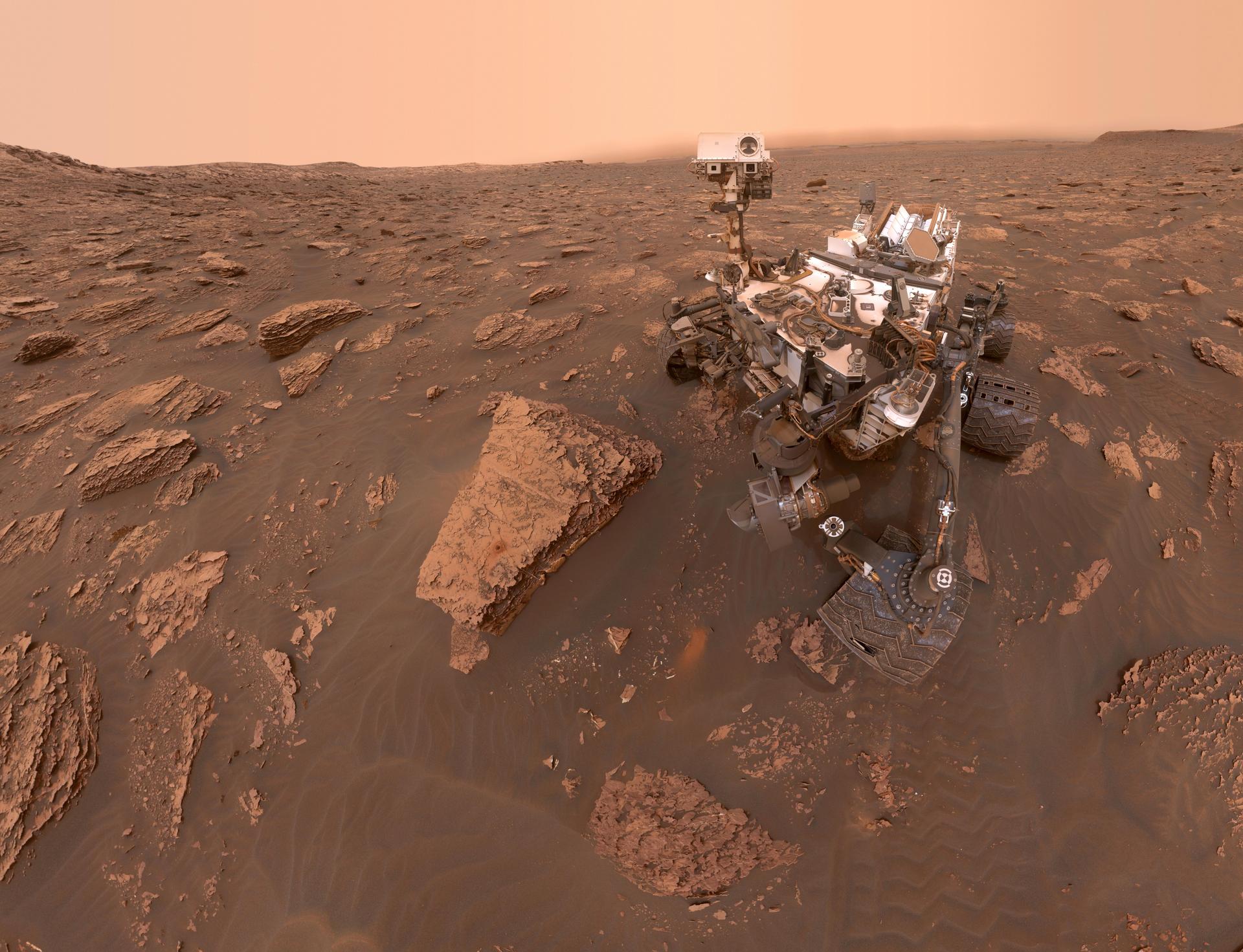 A self-portrait of NASA's Curiosity rover taken on Sol 2082 (June 15, 2018). A Martian dust storm has reduced sunlight and visibility at the rover's location in Gale Crater.