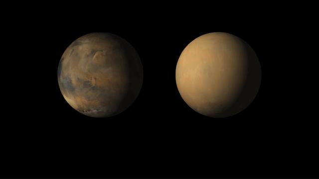 The view from May shows Valles Marineris chasms (left), Meridiani center, an autumn dust storm in Acidalia (top) and the early spring south polar cap (bottom). The view from July shows the same regions, but most of the surface was obscured by the planet-encircling dust cloud and haze.  Movies are available at https://photojournal.jpl.nasa.gov/catalog/PIA22487