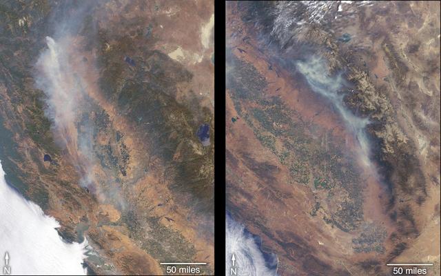 The Multi-angle Imaging SpectroRadiometer (MISR) instrument on NASA's Terra satellite took these images of the Carr Fire (left) and the Ferguson Fire (right) on July 27 and July 29, respectively. The Carr Fire, which has been burning near Redding, California since July 23, spanned 110,154 acres as of July 31 and was 27 percent contained. The Ferguson Fire, near Yosemite National Park, spanned 57,846 acres as of July 31 and was 33 percent contained. More info is available at https://photojournal.jpl.nasa.gov/catalog/PIA22488