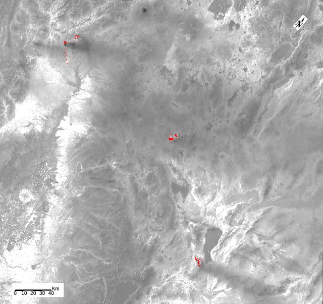 ECOSTRESS, NASA's new Earth-observing mission aboard the International Space Station, detected three wildfires burning in the western US on July 28, 2018 -- the Carr and Whaleback fires in California, and the Perry Fire in Nevada. The fires can be seen in red in Figures 1 and 2. Zooming in on the two larger fires shows the heat data in more detail and also reveals the fires' thick smoke plumes.  ECOSTRESS launched on June 29 as part of a SpaceX commercial resupply mission to the space station. Its primary mission is to measure surface temperatures to detect plant health; however, it can also detect other heat-related phenomenon like heat waves, volcanoes and wildfires. This is the first image of wildfires acquired from ECOSTRESS.  https://photojournal.jpl.nasa.gov/catalog/PIA22490