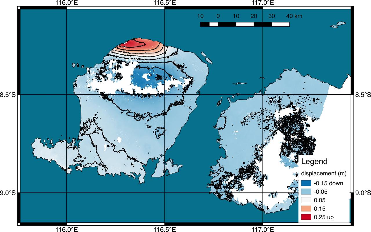 Scientists with the Advanced Rapid Imaging and Analysis project (ARIA), a collaboration between NASA's Jet Propulsion Laboratory in Pasadena, California, and Caltech, also in Pasadena, used synthetic aperture radar (SAR) data from the European Union's Copernicus Sentinel-1A and -1B satellites, operated by the European Space Agency. They generated a map of the deformation of Earth's surface caused by the Aug. 5, 2018 magnitude 6.9 earthquake under Lombok island, Indonesia. The deformation map is produced from automated interferometric processing of the SAR data using the JPL-Caltech ARIA data system in response to a signal received from the U.S. Geological Survey. The false-color map shows the amount of permanent surface movement that occurred almost entirely due to the quake, as viewed by the satellite, during a 6-day interval between two Sentinel-1 images acquired on July 30 and Aug. 5, 2018.  The map shows that the earthquake fault was under the northwest corner of Lombok island, probably extending offshore to the west. Through these maps, NASA and its partners are contributing observations and expertise that can assist with response to earthquakes and other natural or human-produced hazards.  From the pattern of deformation in the map, scientists have determined that the earthquake fault slip was on a fault beneath the northwestern part of Lombok Island and caused as much as 10 inches (25 centimeters) of uplift of the ground surface. The map depicts motion towards the satellite (up and west) in the direction of the radar's line-of-sight, with contours every 2 inches (5 centimeters). White areas are places where the radar measurement was not possible, largely due to dense forests in the middle of the islands.  https://photojournal.jpl.nasa.gov/catalog/PIA22491