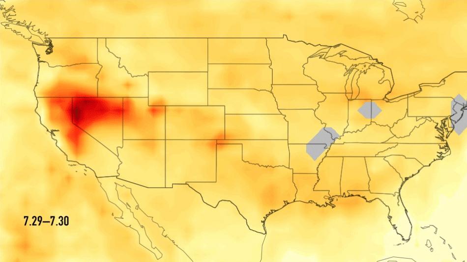 This single frame from a series of images shows carbon monoxide (in orange/red) from California's massive wildfires drifting east across the U.S. between July 30 and August 7, 2018. It was produced using data from the Atmospheric Infrared Sounder (AIRS) on NASA's Aqua satellite.  AIRS measures concentrations of carbon monoxide that have been lofted high into the atmosphere. These images show the carbon monoxide at a 500 hPa pressure level, or an altitude of approximately 18,000 feet (5,500 meters). As the time series progresses, we see that this carbon monoxide is drifting east with one branch moving toward Texas and the other forking to the northeast. The high end of the scale is set to 200 parts per billion by volume (ppbv); however, local values can be significantly higher.  Carbon monoxide is a pollutant that can persist in the atmosphere for about one month and can be transported large distances. It plays a role in both air pollution and climate change.  An animation and single frames are available at https://photojournal.jpl.nasa.gov/catalog/PIA22492