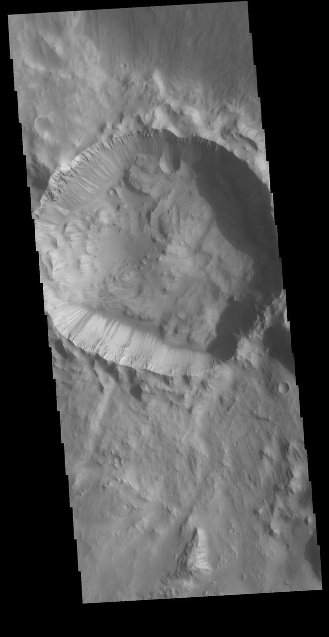 Located on the rim of Chia Crater, this smaller crater contains a multitude of dark slope streaks. These features are assumed to represent down slope movements of material, either a process that removes a dusty top later to reveal dark rocky material below, or one that darkens part of the slope due to surface or near surface flows of a briny volatile.  Orbit Number: 72229 Latitude: 0.81902 Longitude: 300.014 Instrument: VIS Captured: 2018-03-27 12:29  https://photojournal.jpl.nasa.gov/catalog/PIA22504