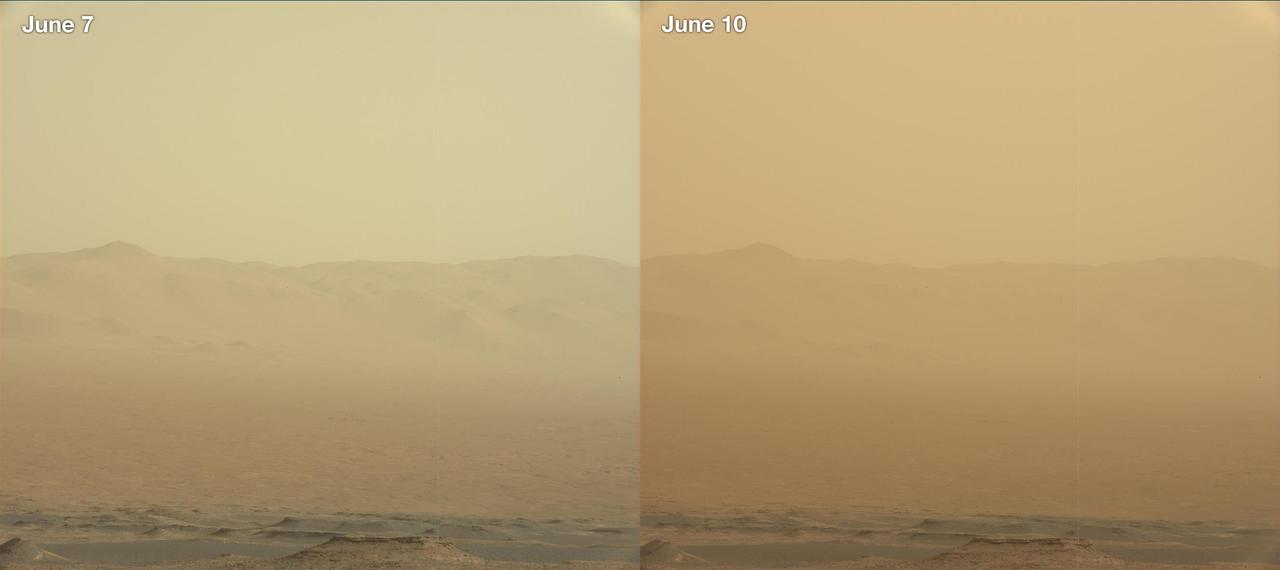 These two views from NASA's Curiosity rover, acquired specifically to measure the amount of dust inside Gale Crater, show that dust has increased over three days from a major Martian dust storm. The left-hand image shows a view of the east-northeast rim of Gale Crater on June 7, 2018 (Sol 2074); the right-hand image shows a view of the same feature on June 10, 2018 (Sol 2077). The images were taken by the rover's Mastcam.  https://photojournal.jpl.nasa.gov/catalog/PIA22520