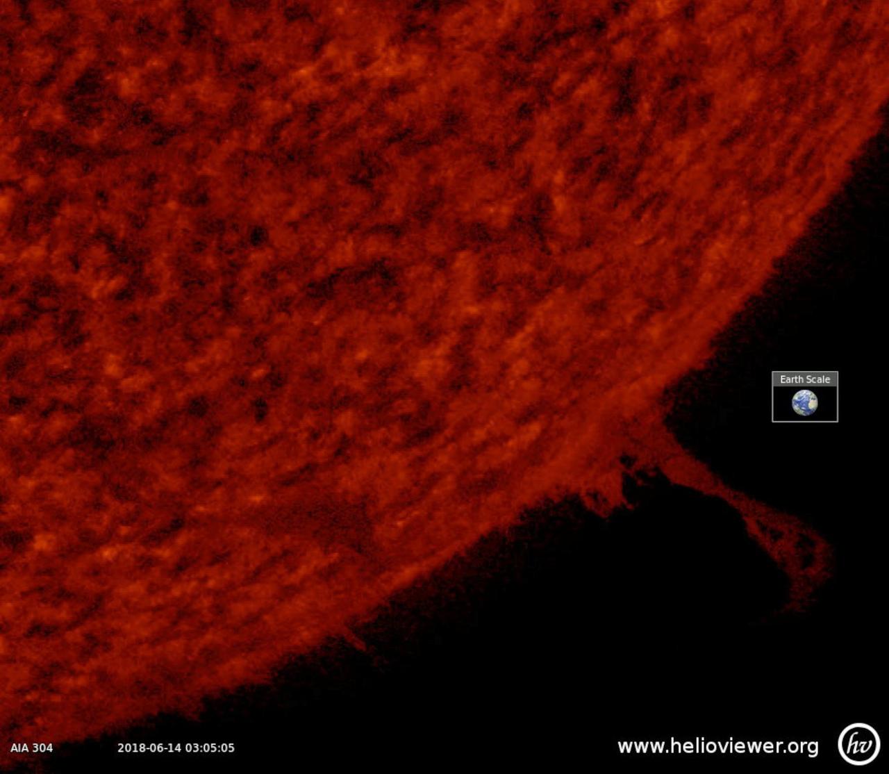 A small prominence hovered above the sun's surface over a two-day period (June 12-14, 2018) before breaking off into space. Prominences are cooler, darker clouds of plasma tethered above the sun by magnetic forces. These clouds of gases are notoriously unstable. The images were taken in the 304 Angstrom wavelength of extreme ultraviolet light.  Movies are available at https://photojournal.jpl.nasa.gov/catalog/PIA22537