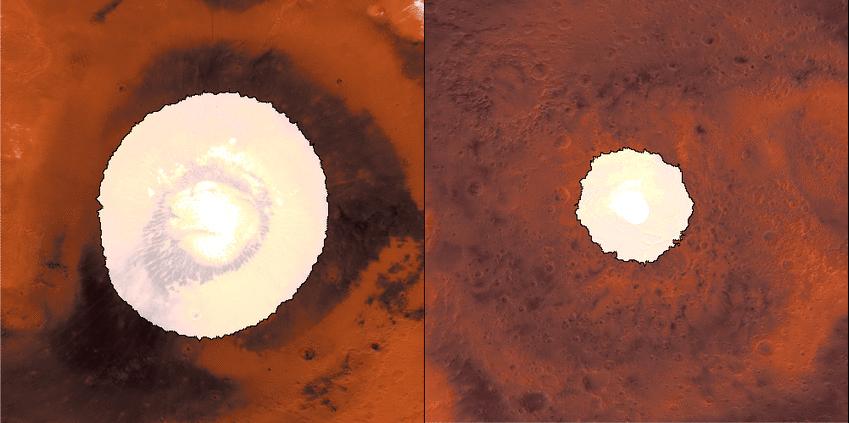 This animation shows a side-by-side comparison of CO2 ice at the north (left) and south (right) Martian poles over the course of a typical year (two Earth years). This simulation isn't based on photos; instead, the data used to create it came from two infrared instruments capable of studying the poles even when they're in complete darkness.  As Mars enters fall and winter, reduced sunlight allows CO2 ice to grow, covering each pole. While ice at the north pole is fairly symmetrical, it's somewhat asymmetrical during its retreat from the south pole for reasons scientists still don't understand. Scientists are especially interested in studying how global dust events affect the growth and retreat of this polar ice. Mars' seasons are caused by a tilt in the planet, resulting in winter at one of the planet's poles while it's summer at the other.  How do spacecraft observe the Martian surface in the polar night, when the Sun is below the horizon for weeks or even months, or in the spring, when it's hazy? They use infrared instruments measuring surface temperatures, even when the ground is in complete darkness or the atmosphere obscured. CO2 ice (sometimes called dry ice) is the coldest material found on Mars, and it is near -193 degrees Fahrenheit (-125 degrees Celsius), whereas ice free soil is generally warmer. As a result, scientists can track the position of the seasonal caps, even in the dark, using surface temperature measurements.  Each panel of the animation is about 3,728 miles (6,000 kilometers) across. This data was collected by the Mars Climate Sounder (MCS) instrument on NASA's Mars Reconnaissance Orbiter, and the Thermal Emission Spectrometer (TES) onboard NASA's now defunct Mars Global Surveyor. The MCS data was collected between mid-2006 and the end of 2013; the TES data was collected between early 1999 to late 2006.   Animation is available at https://photojournal.jpl.nasa.gov/catalog/PIA22546