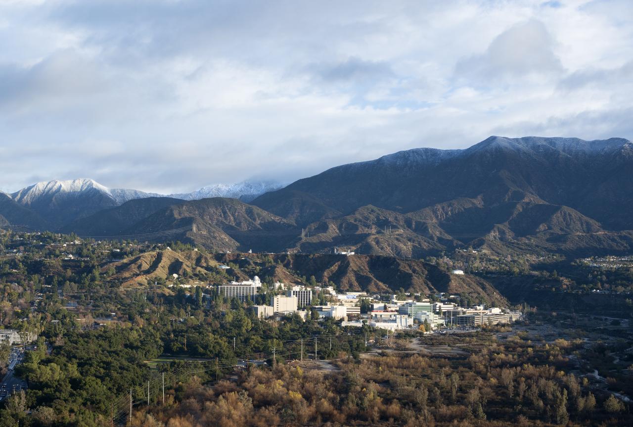Photo of NASA's Jet Propulsion Laboratory nestled in the Pasadena, Calif. hillside, taken in January, 2016.