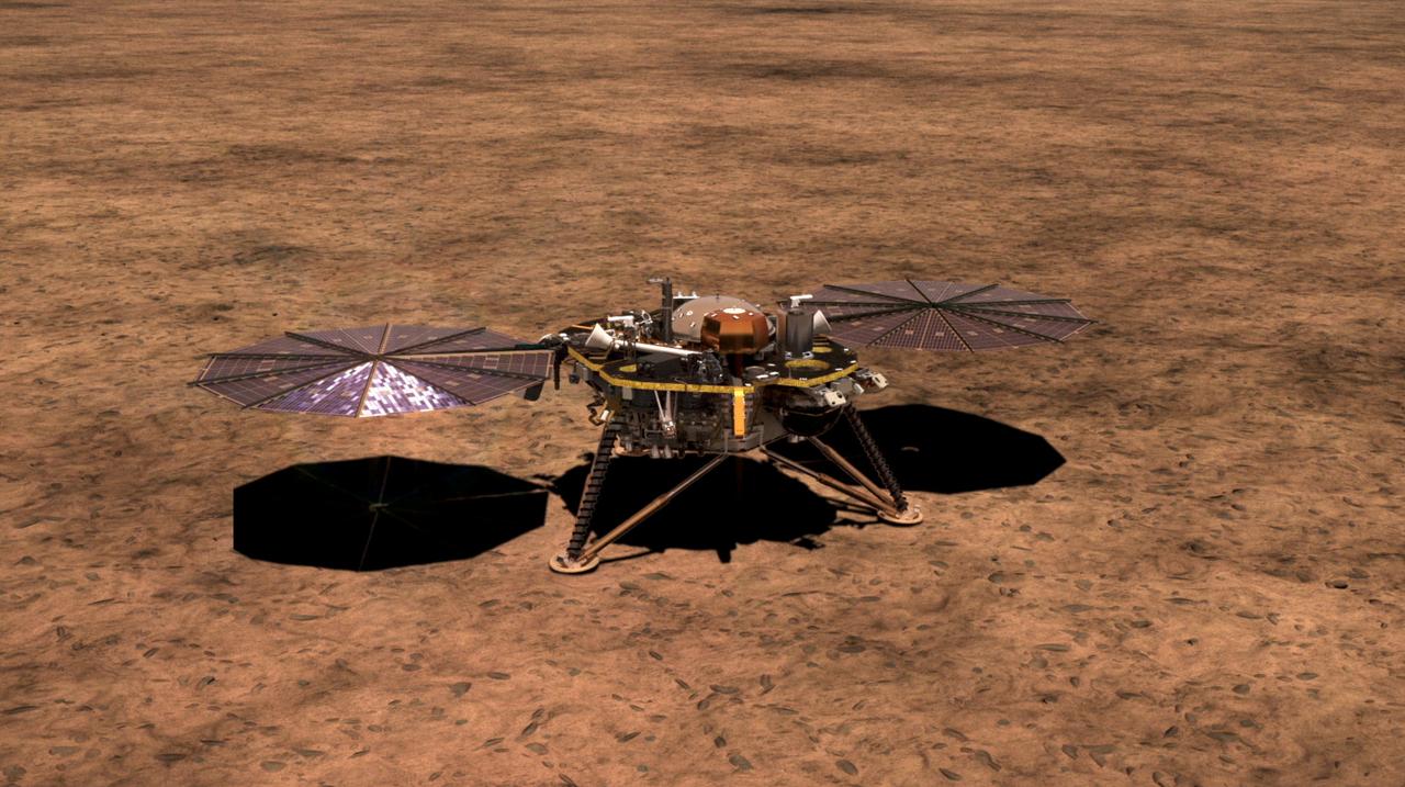 This artist's illustration shows NASA's InSight lander on the surface of Mars, with its solar arrays deployed. https://photojournal.jpl.nasa.gov/catalog/PIA22571