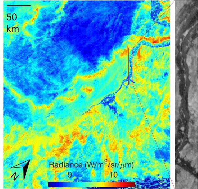 ECOSTRESS acquired this image the night of July 9, 2018, over Egypt. Yellow and red indicate generally higher temperatures. The River Nile is visible as a thin blue line on the main image. The black-and-white inset shows the level of detail available from ECOSTRESS, with the relatively cool Nile River and surrounding vegetation appearing darker. https://photojournal.jpl.nasa.gov/catalog/PIA22590