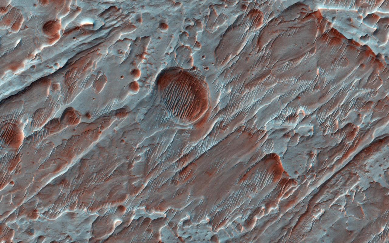 This image, acquired by NASA's Mars Reconnaissance Orbiter on Sept. 16, 2013, shows Roddy Crater on Mars, home to several large alluvial fans, which formed as water moved sediment from the mountainous crater rim and deposited it onto the flatter crater floor. Alluvial fans are found on Earth, Mars, and even Saturn's moon, Titan.  The fans built up over time during intense rain storms or from melting snow. Due to the strong winds on Mars, the river channels that once carried water and sediment on the fan surfaces are now standing as raised ridges and platforms. A thin blanket of ejecta (upper right) from a small crater on Roddy's eastern rim protected underlying fan surfaces from modification by the wind compared to nearby, unprotected fans (left). The scarp beneath the thin ejecta surface exposes beautiful light-toned layers from the alluvial fans below.  More information is available at https://photojournal.jpl.nasa.gov/catalog/PIA22594