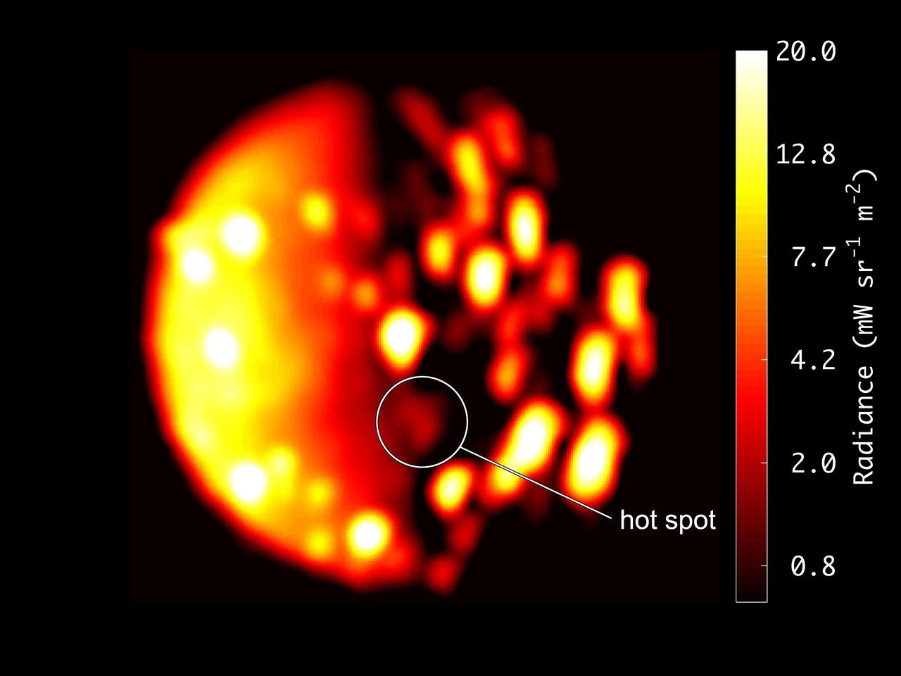 This annotated image highlights the location of the new heat source close to the south pole of Io. The image was generated from data collected on Dec. 16, 2017, by the Jovian Infrared Auroral Mapper (JIRAM) instrument aboard NASA's Juno mission when the spacecraft was about 290,000 miles (470,000 kilometers) from the Jovian moon. The scale to the right of image depicts of the range of temperatures displayed in the infrared image. Higher recorded temperatures are characterized in brighter colors -- lower temperatures in darker colors. An animation is available at https://photojournal.jpl.nasa.gov/catalog/PIA22601