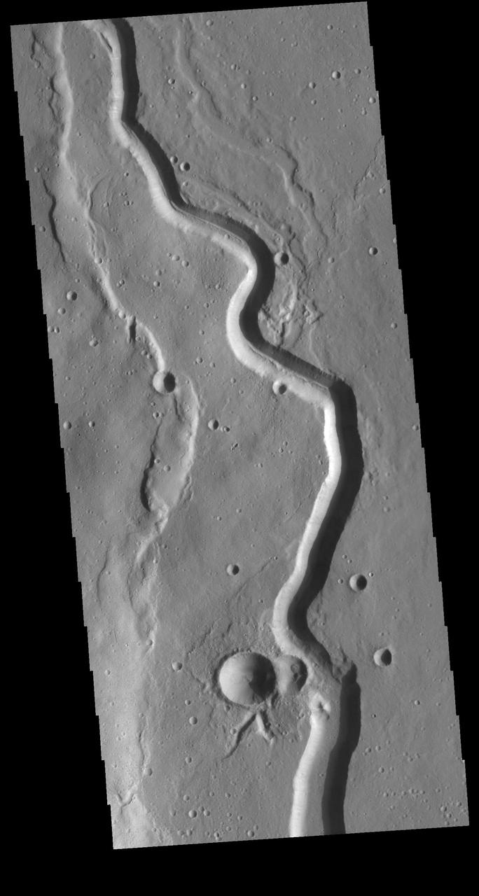 This VIS image shows a portion of Buvinda Vallis, a channel near the flank of Hecates Tholus.  Orbit Number: 72683 Latitude: 32.6024 Longitude: 152.107 Instrument: VIS Captured: 2018-05-03 22:14