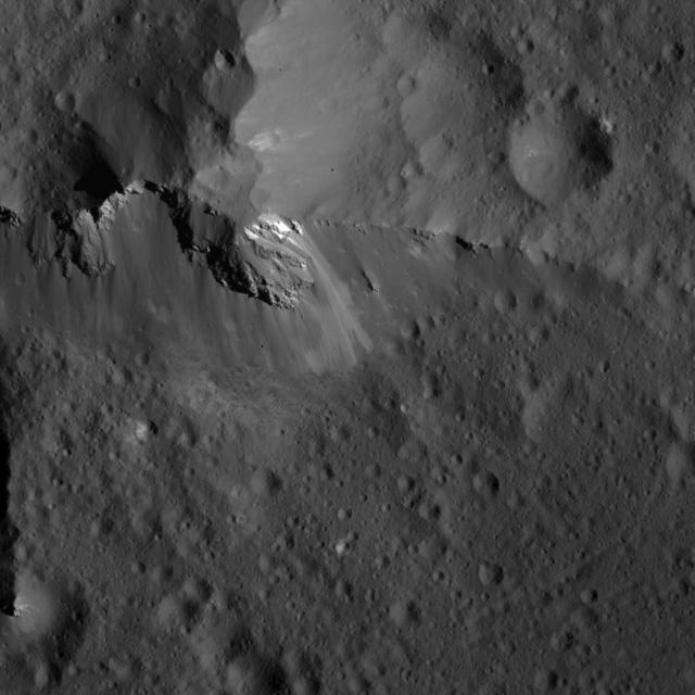 This image was obtained by NASA's Dawn spacecraft on July 6, 2018 from an altitude of about 72 miles (116 kilometers).  The center of this picture is located at about 44.1 degrees south latitude and 249.1 degrees east longitude.  https://photojournal.jpl.nasa.gov/catalog/PIA22627