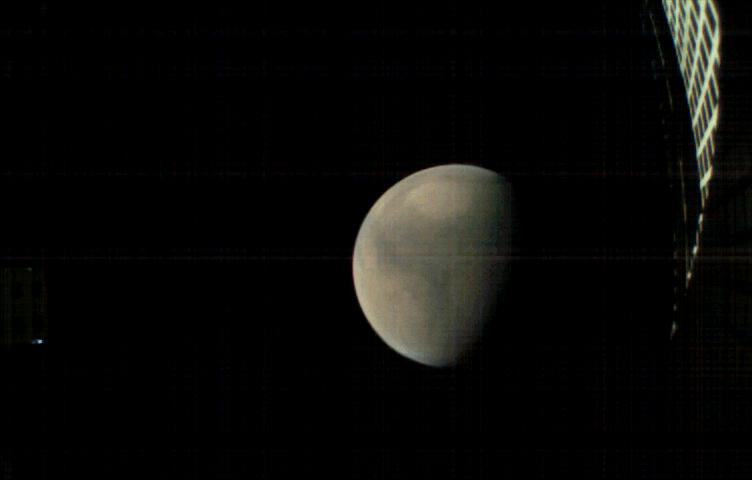 MarCO-B, one of the experimental Mars Cube One (MarCO) CubeSats, took these images as it approached Mars from about 357,300 miles (575,000 kilometers) to 11,200 miles (18,000 kilometers) away, just before NASA's InSight spacecraft landed on Mars on Nov. 26, 2018. MarCO-B flew by Mars with its twin, MarCO-A, to serve as communications relays for InSight as it touched down on the Red Planet. MarCO-B, nicknamed Wall-E, took these images on Sunday, Nov. 25 and Monday, Nov. 26, 2018.  The bright point of light to the left is the corner of MarCO-B's high gain antenna feed and to the right is the high gain antenna, which let the CubeSat communicate with Earth.  Animation available at https://photojournal.jpl.nasa.gov/catalog/PIA22655