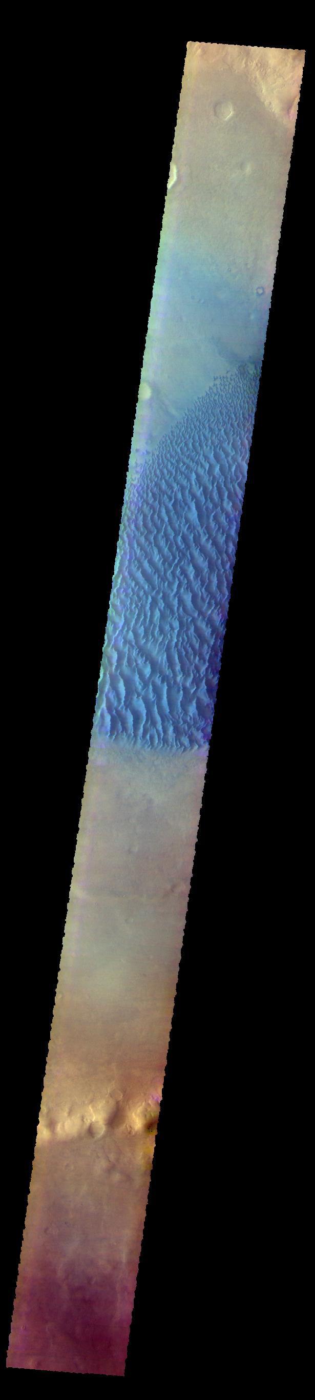 The THEMIS VIS camera contains 5 filters. The data from different filters can be combined in multiple ways to create a false color image. These false color images may reveal subtle variations of the surface not easily identified in a single band image. Today's false color image shows the floor of Proctor Crater, including the large dune field. Basaltic sands are typically blue in false color images. Proctor Crater is located in Noachis Terra.  Orbit Number: 59946 Latitude: -47.9086 Longitude: 30.1317 Instrument: VIS Captured: 2015-06-19 16:07  https://photojournal.jpl.nasa.gov/catalog/PIA22670