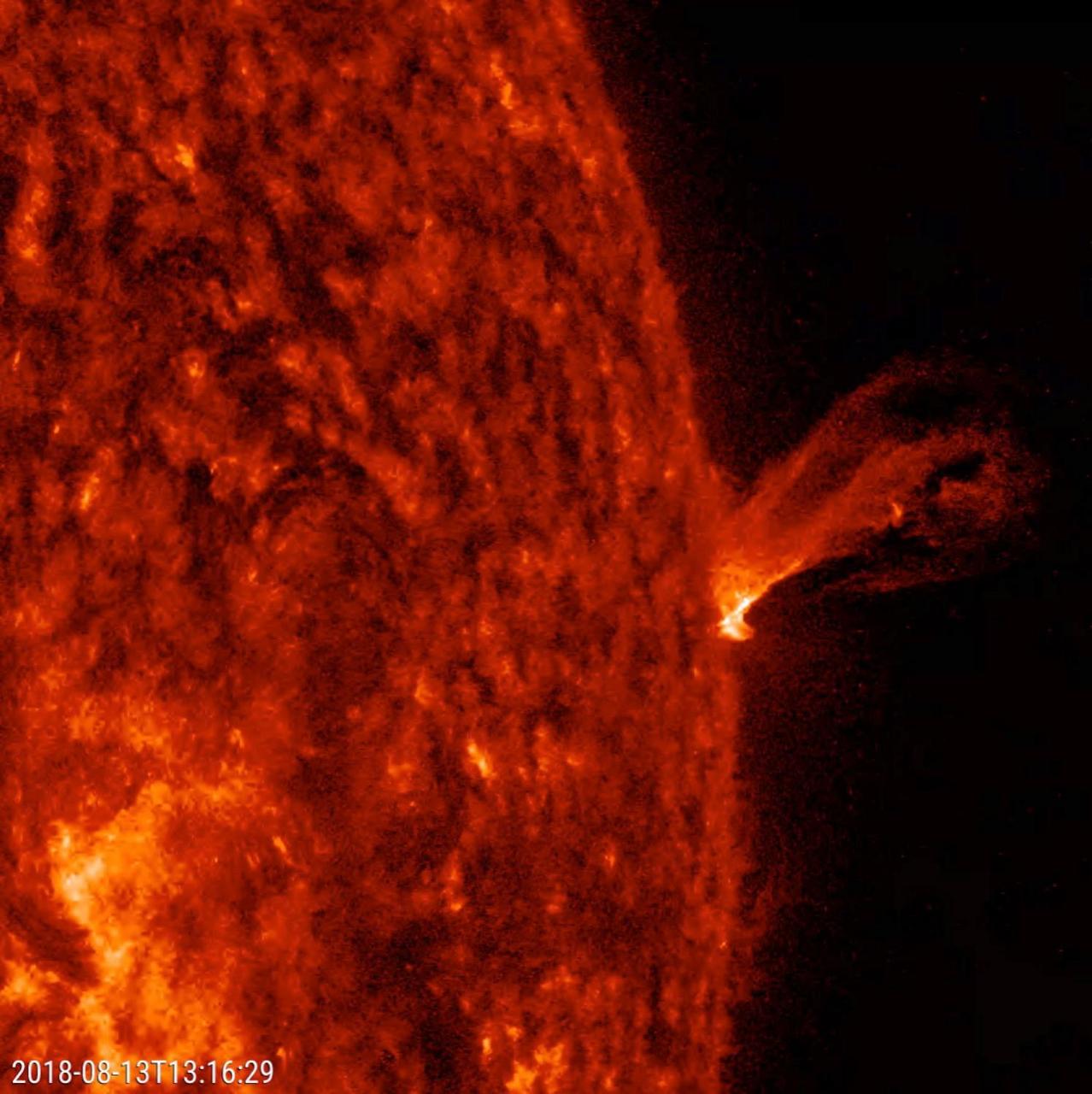 This close-up of the Sun from a two-hour period on Aug. 13, 2018 shows a minor eruption of charged particles rising up and twisting about before falling back into the Sun. Imaged in extreme ultraviolet light, these kinds of events are difficult to see except when they occur along the sun's edge, also known as the limb. At its peak the plasma rises several times the diameter of Earth.  Movies are available at https://photojournal.jpl.nasa.gov/catalog/PIA22673