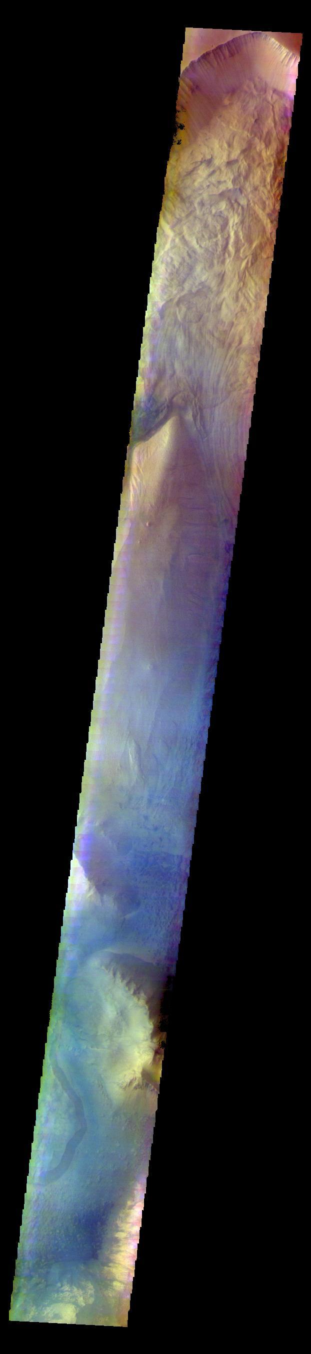 The THEMIS VIS camera contains 5 filters. The data from different filters can be combined in multiple ways to create a false color image. These false color images may reveal subtle variations of the surface not easily identified in a single band image. Today's VIS image shows part of Ophir Chasma.  Orbit Number: 60112 Latitude: -4.48512 Longitude: 288.129 Instrument: VIS Captured: 2015-07-03 07:57  https://photojournal.jpl.nasa.gov/catalog/PIA22677