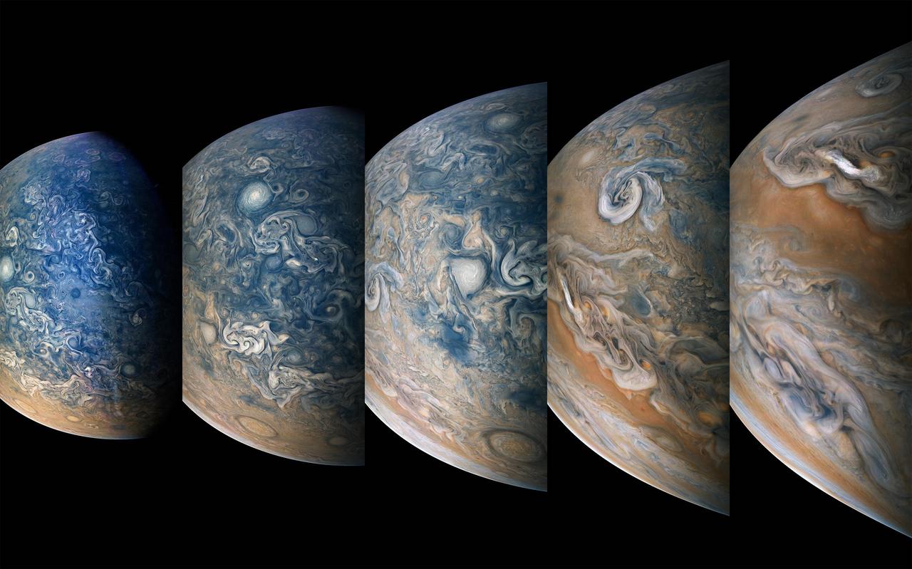 Striking atmospheric features in Jupiter's northern hemisphere are captured in this series of color-enhanced images from NASA's Juno spacecraft. An anticyclonic white oval, called N5-AWO, can be seen at center left of the first image (at far left) and appears slightly higher in the second and third images. A tempest known as the Little Red Spot is visible near the bottom of the second and third images. The reddish-orange band that is prominently displayed in the fourth and fifth images is the North North Temperate Belt. From left to right, this sequence of images was taken between 9:54 p.m. and 10:11 p.m. PDT on July 15 (12:54 a.m. and 1:11 a.m. EDT on July 16), as the spacecraft performed its 14th close flyby of Jupiter. At the time, Juno's altitude ranged from about 15,700 to 3,900 miles (25,300 to 6,200 kilometers) from the planet's cloud tops, above a latitude of approximately 69 to 36 degrees. Citizen scientists Gerald Eichstädt and Seán Doran created this image using data from the spacecraft's JunoCam imager. https://photojournal.jpl.nasa.gov/catalog/PIA22686