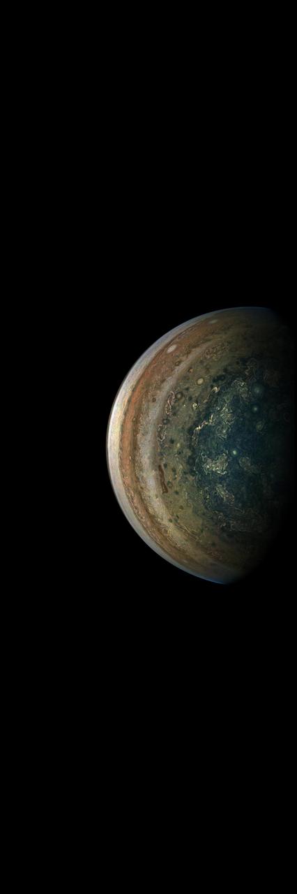 In the final minutes of a recent close flyby of Jupiter, NASA's Juno spacecraft captured a departing view of the planet's swirling southern hemisphere. This color-enhanced image was taken at 7:13 p.m. PDT on Sept. 6, 2018 (10:13 p.m. EDT) as the spacecraft performed its 15th close flyby of Jupiter. At the time, Juno was about 55,600 miles (89,500 kilometers) from the planet's cloud tops, above a southern latitude of approximately 75 degrees. Citizen scientist Gerald Eichstädt created this image using data from the spacecraft's JunoCam imager. https://photojournal.jpl.nasa.gov/catalog/PIA22690. - Enhanced image by Gerald Eichstädt based on images provided courtesy of NASA/JPL-Caltech/SwRI/MSSS