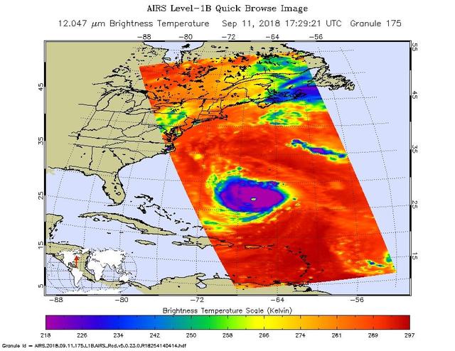 This image, taken at 1:35 pm local time on Tuesday, September 11, 2018 by the Atmospheric Infrared Sounder (AIRS) onboard NASA's Aqua satellite shows Hurricane Florence whose strong winds are expected to reach the Carolina coast late Thursday. Florence intensified from a Category 2 to a Category 4 storm in a matter of hours. As of Tuesday evening, Florence had maximum sustained winds of 140 mph (225 kph).  AIRS has more than 2,000 "channels" that capture various hues of infrared, and this image represents the temperature of the cloud tops and the ocean surface (called "brightness temperature" in the image). Purple shows very cold clouds high in the atmosphere, blue and green show the warmer temperatures of lower clouds, and red shows the surface. Florence has the characteristics of a mature, powerful hurricane: an extensive, nearly symmetric ring of deep, cold rain clouds in purple; slightly shallower rain clouds in the outer perimeter seen in green; a large area of cloud-free air flowing away from the storm in red; and a well-defined eye (seen as the greenish spot near the center) where warm low clouds can be seen below.  https://photojournal.jpl.nasa.gov/catalog/PIA22697