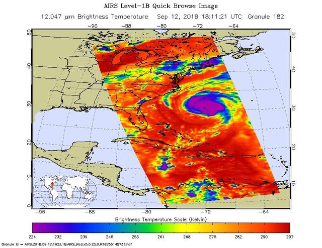 This image, taken at 1:35 pm local time on Tuesday, September 11, 2018 by the Atmospheric Infrared Sounder (AIRS) onboard NASA's Aqua satellite shows Hurricane Florence whose strong winds are expected to reach the Carolina coast late Thursday. Florence intensified from a Category 2 to a Category 4 storm in a matter of hours. As of Tuesday evening, Florence had maximum sustained winds of 140 mph (225 kph).  Figure 1 shows Hurricane Florence in visible light, much as our eyes would see it. This is a classic image of a strong hurricane, with a well-defined eye near the center of a large, thick cloud shield containing bands of very thick clouds, and high, thin clouds far from the storm where air flows away from the thick rain clouds.  AIRS has more than 2,000 "channels" that capture various hues of infrared, and this image represents the temperature of the cloud tops and the ocean surface (called "brightness temperature" in the image). Purple shows very cold clouds high in the atmosphere, blue and green show the warmer temperatures of lower clouds, and red shows the surface. Florence has the characteristics of a mature, powerful hurricane: an extensive, nearly symmetric ring of deep, cold rain clouds in purple; slightly shallower rain clouds in the outer perimeter seen in green; a large area of cloud-free air flowing away from the storm in red; and a well-defined eye (seen as the greenish spot near the center) where warm low clouds can be seen below.  https://photojournal.jpl.nasa.gov/catalog/PIA22698