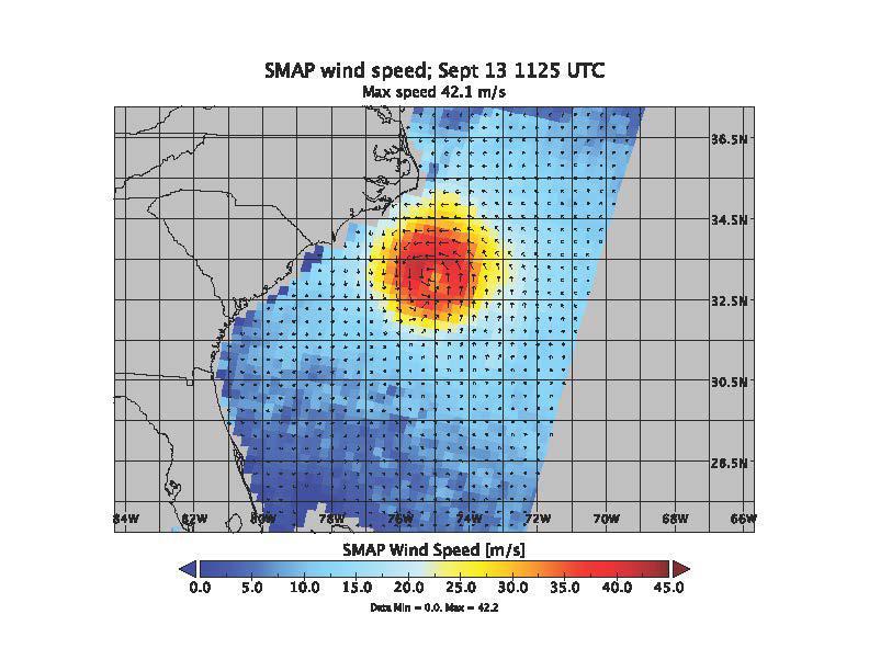 SMAP wind estimates over Hurricane Florence on Sept. 12, 2018 at 10:49 UTC and on Sept. 13, 2018 at 11:25 UTC. We see weakening of the hurricane from the 12th to the 13th; however, the overall size and energy of the storm has increased. The brightness temperatures have been shown to yield unprecedented sensitivity to extreme wind speeds as compared to conventional Ku and C-band scatterometers.  https://photojournal.jpl.nasa.gov/catalog/PIA22699