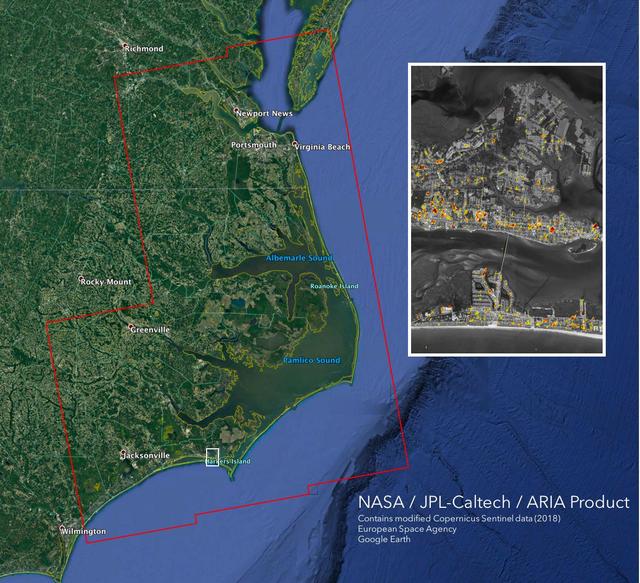 The Advanced Rapid Imaging and Analysis (ARIA) team at NASA's Jet Propulsion Laboratory in Pasadena, California, created this Damage Proxy Map (DPM) depicting areas of the Carolinas that are likely damaged (shown by red and yellow pixels) as a result of Hurricane Florence. The map is derived from synthetic aperture radar (SAR) images from the Copernicus Sentinel-1 satellites, operated by the European Space Agency (ESA). The images were taken before (September 02, 2016) and 12 hours after the hurricane's landfall (September 14, 2018 7:06 PM local time).  The map covers an area of 155 miles x 210 miles (250 km x 340 km), indicated with the big red polygon. Each pixel measures about 33 yards x 33 yards (30 m x 30 m). The color variation from yellow to red indicates increasingly more significant ground surface change. Media reports provided anecdotal preliminary validation. This damage proxy map should be used as guidance to identify damaged areas, and may be less reliable over vegetated areas and flooded areas. For example, the scattered single colored pixels over vegetated areas may be false positives, and the lack of colored pixels over vegetated areas does not necessarily mean no damage.  https://photojournal.jpl.nasa.gov/catalog/PIA22702