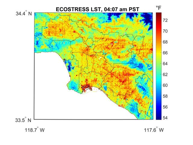 ECOSTRESS captured surface temperature variations in Los Angeles, California between July 22 and August 14 -- a period of extended heat -- at different times of day. The images show how different surfaces within the cityscape warm and cool throughout the day. They have been colored to show the hottest areas in red, warm areas in orange and yellow, and cooler areas in blue. The hottest areas are dark asphalt surfaces that have very little shade during the day and remain warm throughout the night due to their higher heat capacity. They include freeways, airports, oil refineries and parking lots. Clouds and higher-elevation mountainous areas were the coolest.  More information is available at https://photojournal.jpl.nasa.gov/catalog/PIA22703