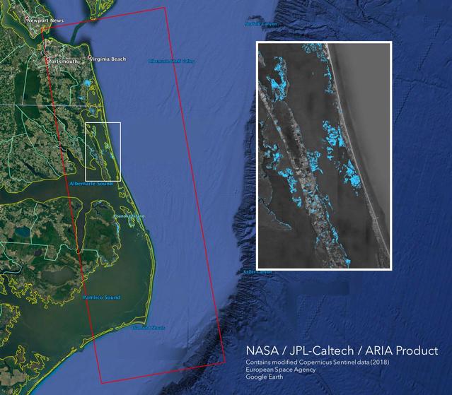 The Advanced Rapid Imaging and Analysis (ARIA) team at NASA's Jet Propulsion Laboratory in Pasadena, California, created this Flood Proxy Map depicting areas of the Carolinas that are likely flooded as a result of Hurricane Florence, shown by light blue pixels. The map is derived from synthetic aperture radar (SAR) images from the Copernicus Sentinel-1 satellites, operated by the European Space Agency (ESA). The images were taken before (September 09, 2018) and 36 hours after the hurricane's landfall (September 15, 2018 18:57 PM local time).  The map covers an area of 53 miles x 152 miles (85 km x 245 km), indicated with the big red polygon. Each pixel measures about 33 yards x 33 yards (30 m x 30 m). Media reports provided anecdotal preliminary validation. This flood proxy map should be used as guidance to identify areas that are likely flooded and may be less reliable over urban and vegetated areas.  https://photojournal.jpl.nasa.gov/catalog/PIA22704