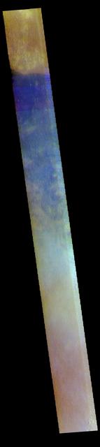 This image shows a portion of Amazonis Planitia.  The THEMIS VIS camera contains 5 filters. The data from different filters can be combined in multiple ways to create a false color image. These false color images may reveal subtle variations of the surface not easily identified in a single band image.  Orbit Number: 60757 Latitude: 37.3179 Longitude: 201.905 Instrument: VIS Captured: 2015-08-25 11:49  https://photojournal.jpl.nasa.gov/catalog/PIA22715