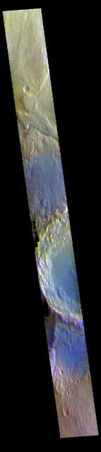 Today's VIS image shows part of Arabia Terra. The THEMIS VIS camera contains 5 filters. The data from different filters can be combined in multiple ways to create a false color image. These false color images may reveal subtle variations of the surface not easily identified in a single band image. Orbit Number: 60764 Latitude: 36.1352 Longitude: 0.199382 Instrument: VIS Captured: 2015-08-26 01:39 https://photojournal.jpl.nasa.gov/catalog/PIA22716