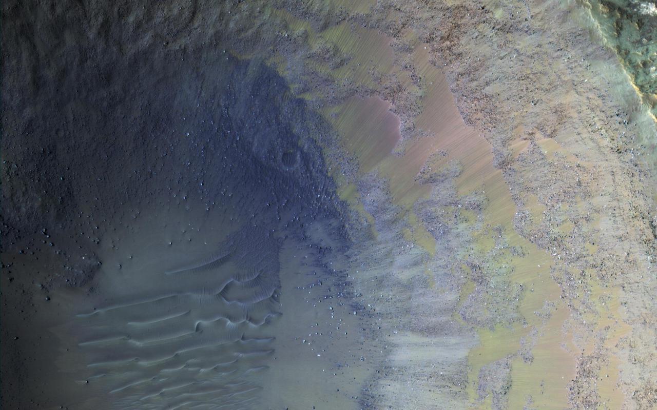 Some regions of Mars are not very colorful, but we can be surprised by local features. This image of an impact crater in the south Syrtis Major region was acquired as a "ride-along" with a CRISM observation, which targeted this location because that instrument's team expected a distinct composition.  Our enhanced image reveals colors ranging from red to green to blue. These are infra-red shifted colors (infrared-red-blue) so it's different than what we would see with our eyes.   https://photojournal.jpl.nasa.gov/catalog/PIA22727