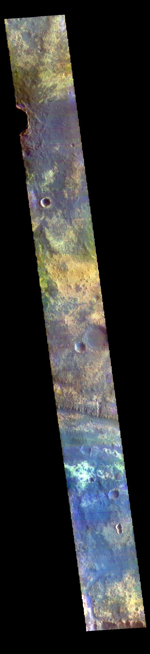 This VIS image shows a small section of Mawrth Vallis in Arabia Terra.  The THEMIS VIS camera contains 5 filters. The data from different filters can be combined in multiple ways to create a false color image. These false color images may reveal subtle variations of the surface not easily identified in a single band image.  Orbit Number: 60877 Latitude: 23.0343 Longitude: 342.383 Instrument: VIS Captured: 2015-09-04 08:54  https://photojournal.jpl.nasa.gov/catalog/PIA22730