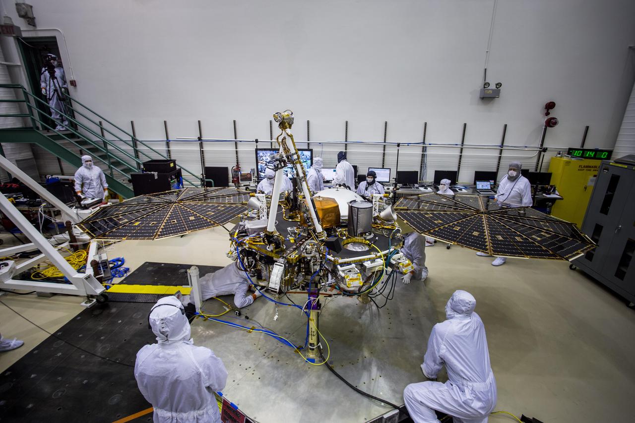Engineers at Lockheed Martin Space, Denver, Colorado, test the solar arrays on NASA's InSight lander several months before launch. https://photojournal.jpl.nasa.gov/catalog/PIA22739