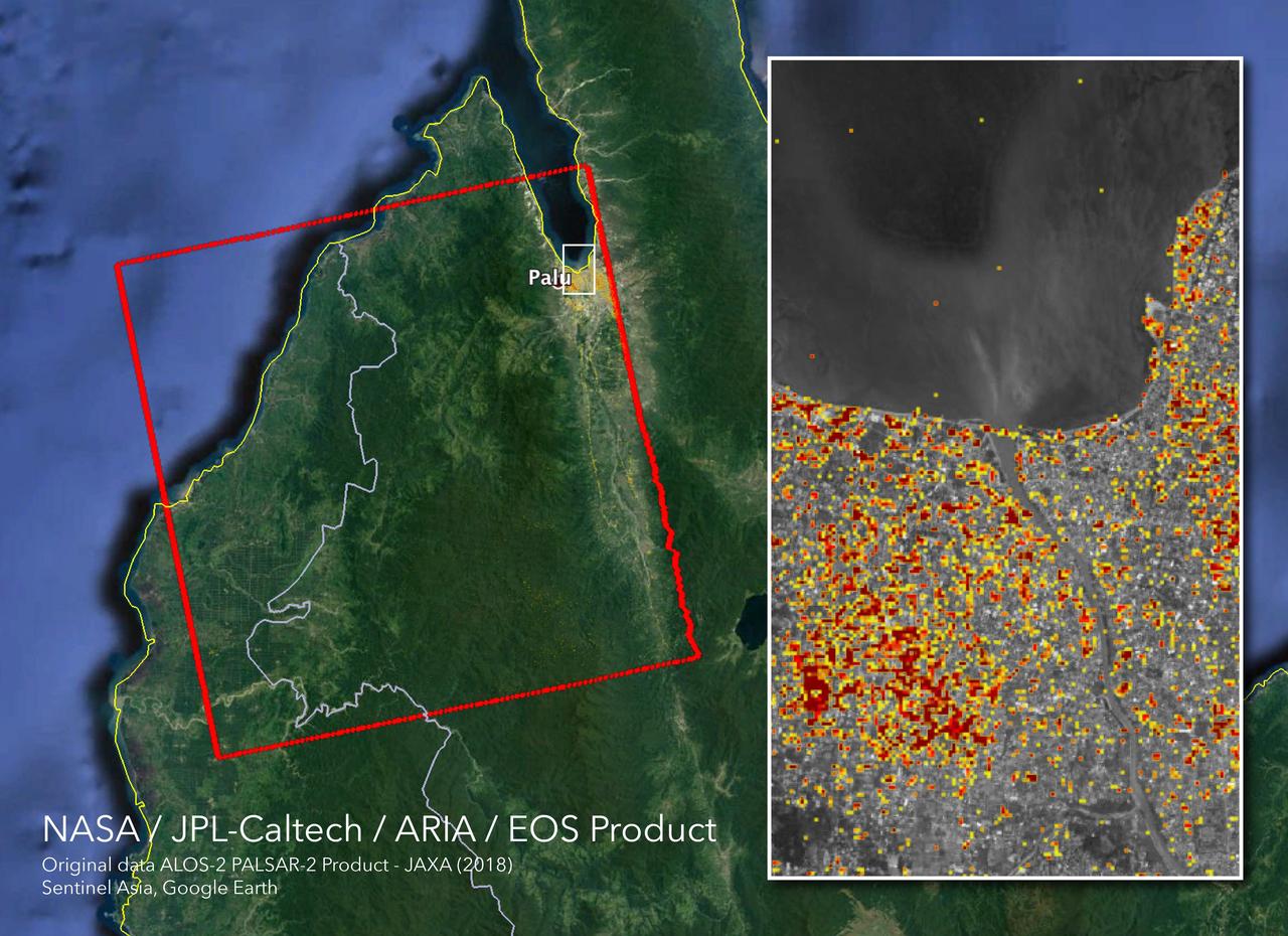 The Advanced Rapid Imaging and Analysis (ARIA) team at NASA's Jet Propulsion Laboratory in Pasadena, California, and Caltech, also in Pasadena, created this Damage Proxy Map (DPM) depicting areas in Central Sulawesi, Indonesia, including the city of Palu, that are likely damaged (shown by red and yellow pixels) as a result of the magnitude 7.5 September 28, 2018 earthquake. The map is derived from synthetic aperture radar (SAR) images from the ALOS-2 satellite, operated by Japan Aerospace Exploration Agency (JAXA). The images were taken before (Aug. 8, 2018) and after (Oct. 3, 2018) the earthquake.  The map covers an area of 42 by 44 miles (67 by 70 kilometers), shown by the large red polygon. Each pixel measures about 33 yards (30 meters) across. The color variation from yellow to red indicates increasingly more significant ground surface change. Preliminary validation was done in collaboration with the Earth Observatory of Singapore by comparing with local media information and photos. This damage proxy map should be used as guidance to identify damaged areas, and may be less reliable over vegetated areas. For example, the scattered single colored pixels over vegetated areas may be false positives, and the lack of colored pixels over vegetated areas does not necessarily mean no damage.  The DPM was created by the NASA-JPL/Caltech ARIA team, and the ALOS-2 data were provided by JAXA. The Earth Observatory of Singapore coordinated with the Sentinel Asia to timely task the ALOS-2 satellite. The algorithm development was carried out at JPL under a contract with NASA.  https://photojournal.jpl.nasa.gov/catalog/PIA22746