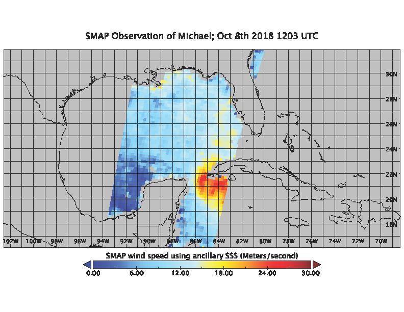 On the morning of Oct. 8, 2018, the NASA Soil Moisture Active Passive (SMAP) Radiometer got a snapshot of Hurricane Michael, which has intensified to a Category 2 hurricane over the warm waters of the Gulf of Mexico. The radiance acquired by the SMAP L-band Microwave Radiometer can see through clouds and rains, and is sensitive to the extreme ocean surface winds under a tropical storm or hurricane. Areas in red represent higher wind speeds; areas in blue have lower wind speeds.  https://photojournal.jpl.nasa.gov/catalog/PIA22747