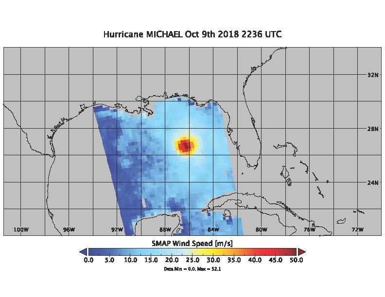 On Oct. 9, 2018 at about 4:30pm EDT, the NASA Soil Moisture Active Passive (SMAP) Radiometer got one more snap shot of Hurricane Michael. The radiance acquired by the SMAP L-band Microwave Radiometer can see through clouds and rain, and is sensitive to the extreme ocean surface winds under a tropical storm or hurricane. Hurricane Michael made landfall in the Florida panhandle Wednesday as a major Category 4 storm.  https://photojournal.jpl.nasa.gov/catalog/PIA22751